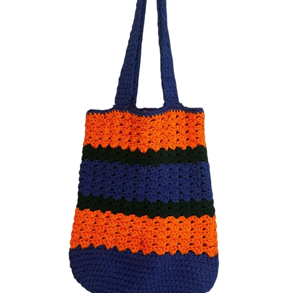 Handmade Striped Crochet Tote Bag - Blue, Orange & Green